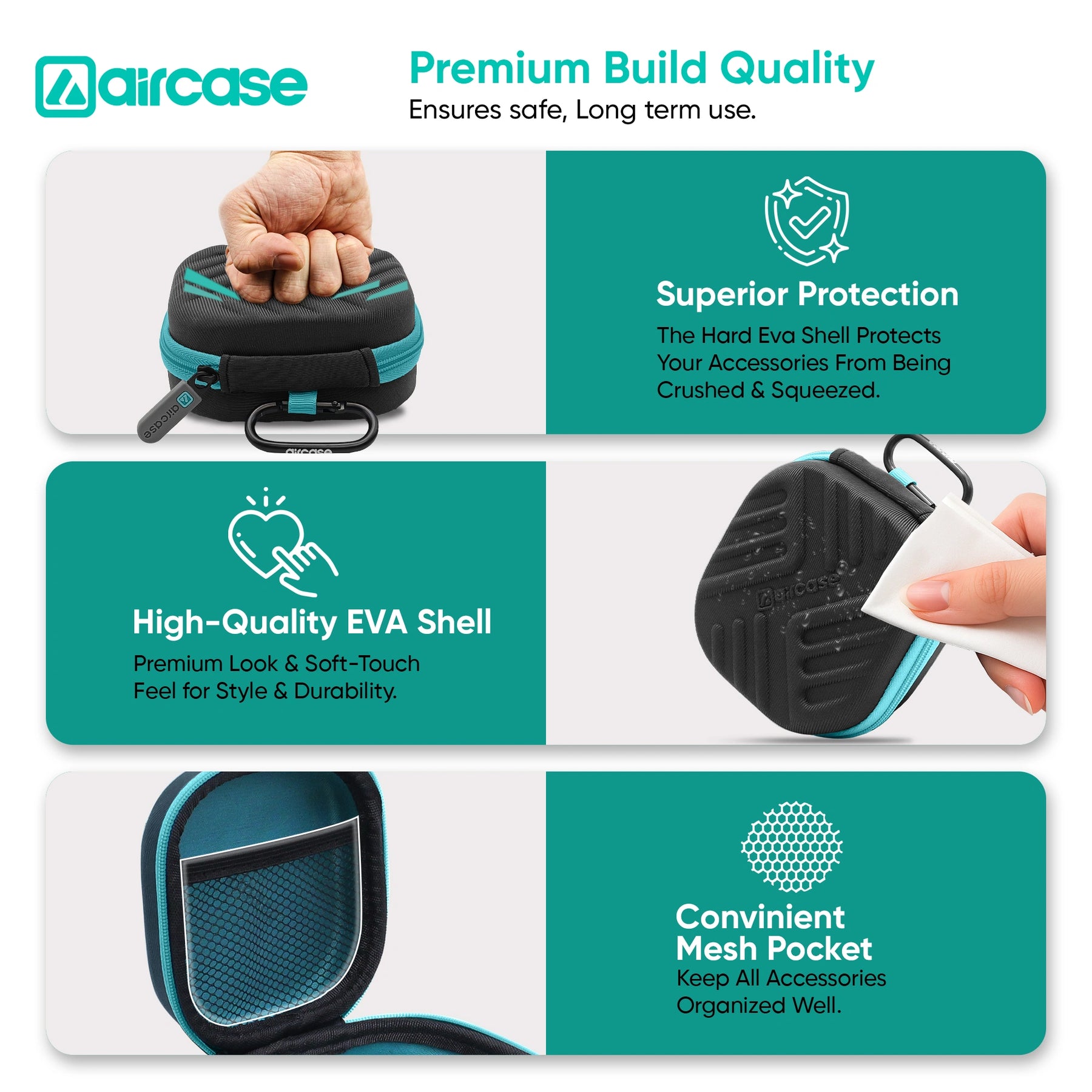 AirCase Earphone Carrying Case Cover with Shockproof EVA Hardshell & Soft Lining | Travel Organizer Pouch with Carabiner.