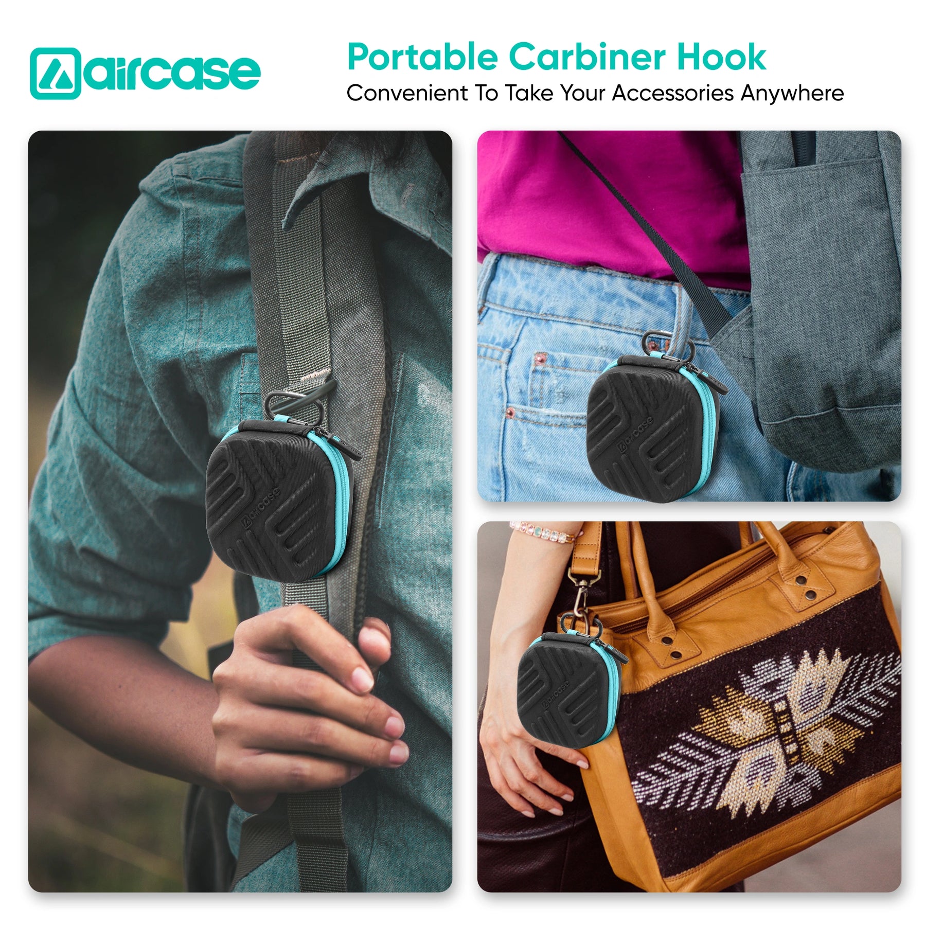 AirCase Earphone Carrying Case Cover with Shockproof EVA Hardshell & Soft Lining | Travel Organizer Pouch with Carabiner.