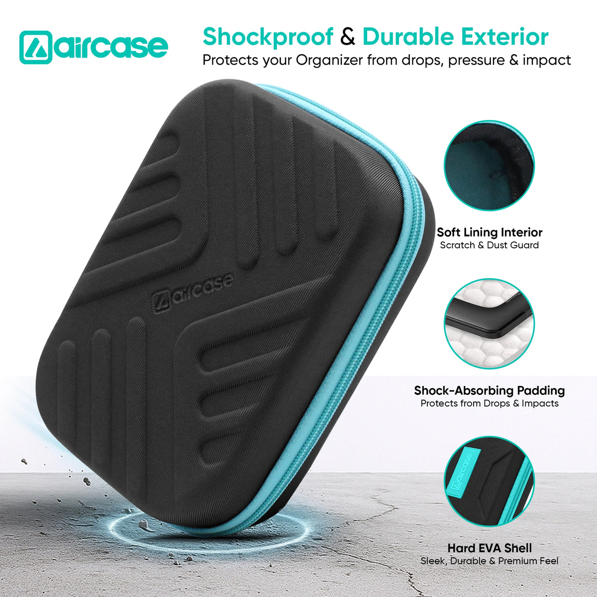 Organize HDD/SSD, cables, chargers, and gadgets with AirCase black electronics bag. EVA hardshell, 2 mesh pockets, 11 loops, safety belt, shockproof/water-resistant—perfect for travel and daily use.