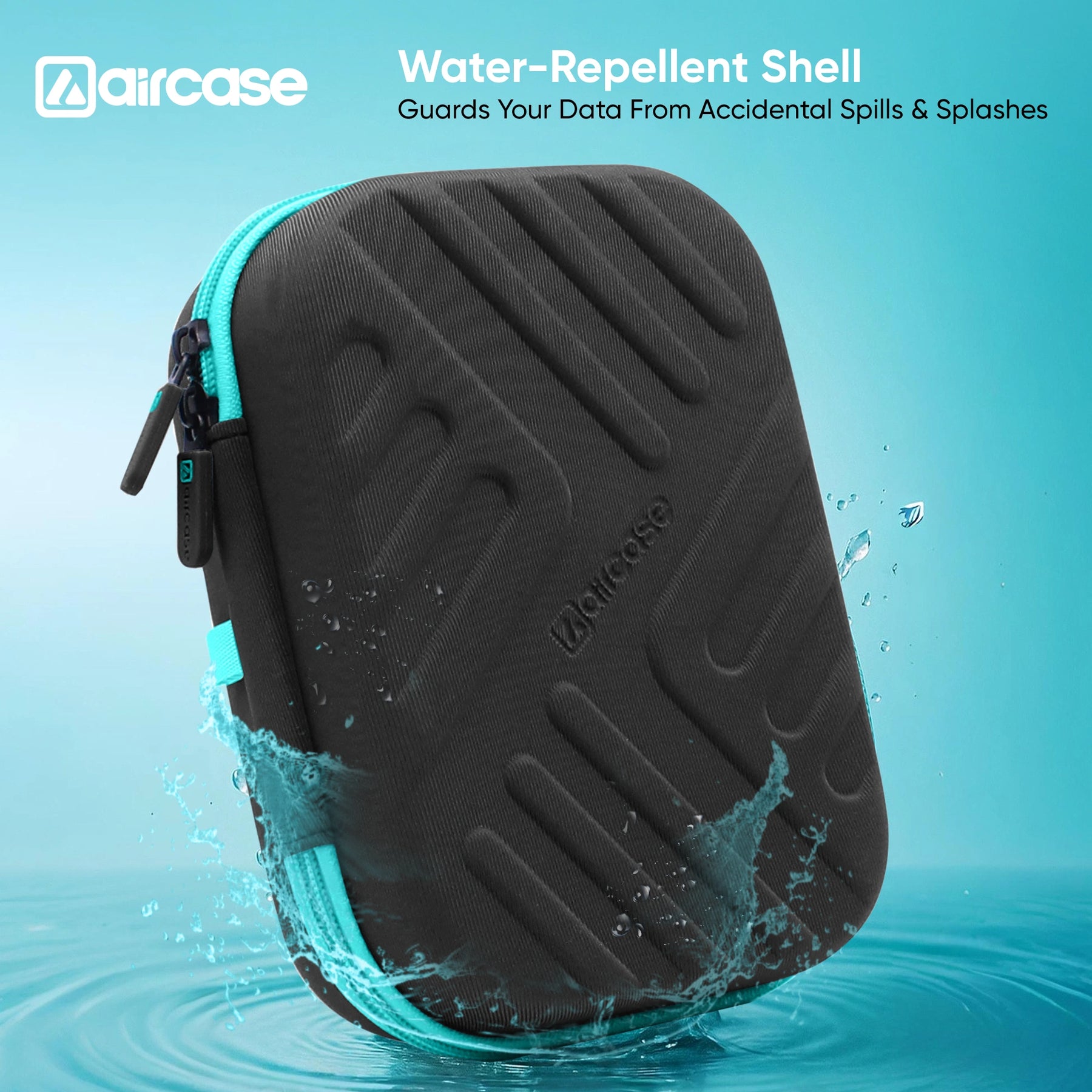 Organize HDD/SSD, cables, chargers, and gadgets with AirCase black electronics bag. EVA hardshell, 2 mesh pockets, 11 loops, safety belt, shockproof/water-resistant—perfect for travel and daily use.