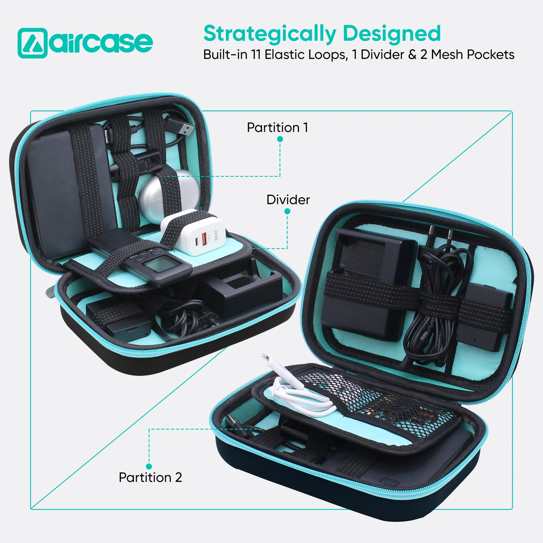 Organize HDD/SSD, cables, chargers, and gadgets with AirCase black electronics bag. EVA hardshell, 2 mesh pockets, 11 loops, safety belt, shockproof/water-resistant—perfect for travel and daily use.