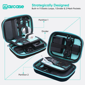 Organize HDD/SSD, cables, chargers, and gadgets with AirCase black electronics bag. EVA hardshell, 2 mesh pockets, 11 loops, safety belt, shockproof/water-resistant—perfect for travel and daily use.