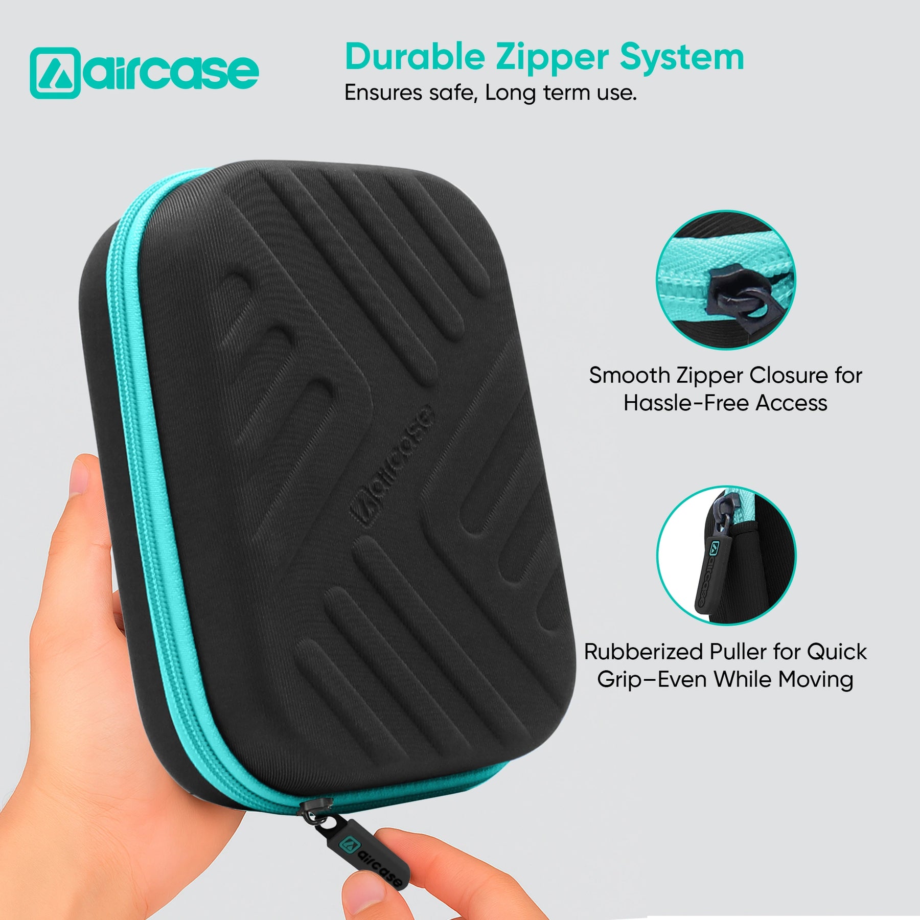 Organize HDD/SSD, cables, chargers, and gadgets with AirCase black electronics bag. EVA hardshell, 2 mesh pockets, 11 loops, safety belt, shockproof/water-resistant—perfect for travel and daily use.