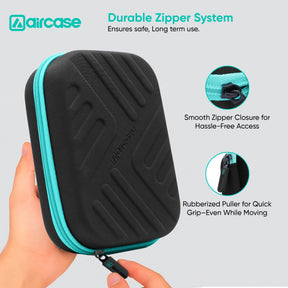 Organize HDD/SSD, cables, chargers, and gadgets with AirCase black electronics bag. EVA hardshell, 2 mesh pockets, 11 loops, safety belt, shockproof/water-resistant—perfect for travel and daily use.