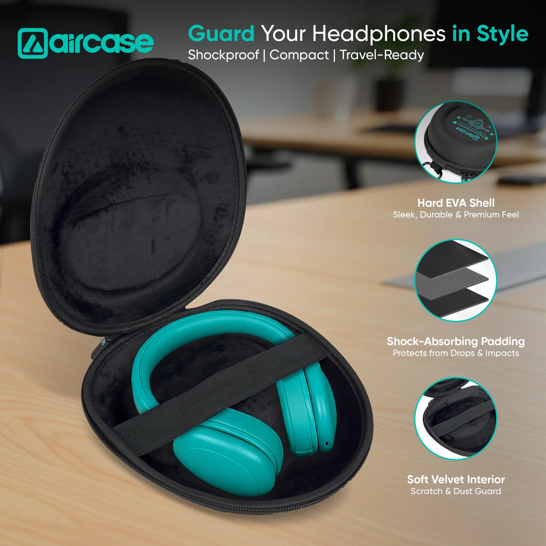 AirCase EVA Hard Shell Headphone Carrying Case for Over-Ear Headphones | Shockproof, Water-Repellent, Anti-Pressure Travel Protective Pouch with Carabiner Hook – Universal Fit