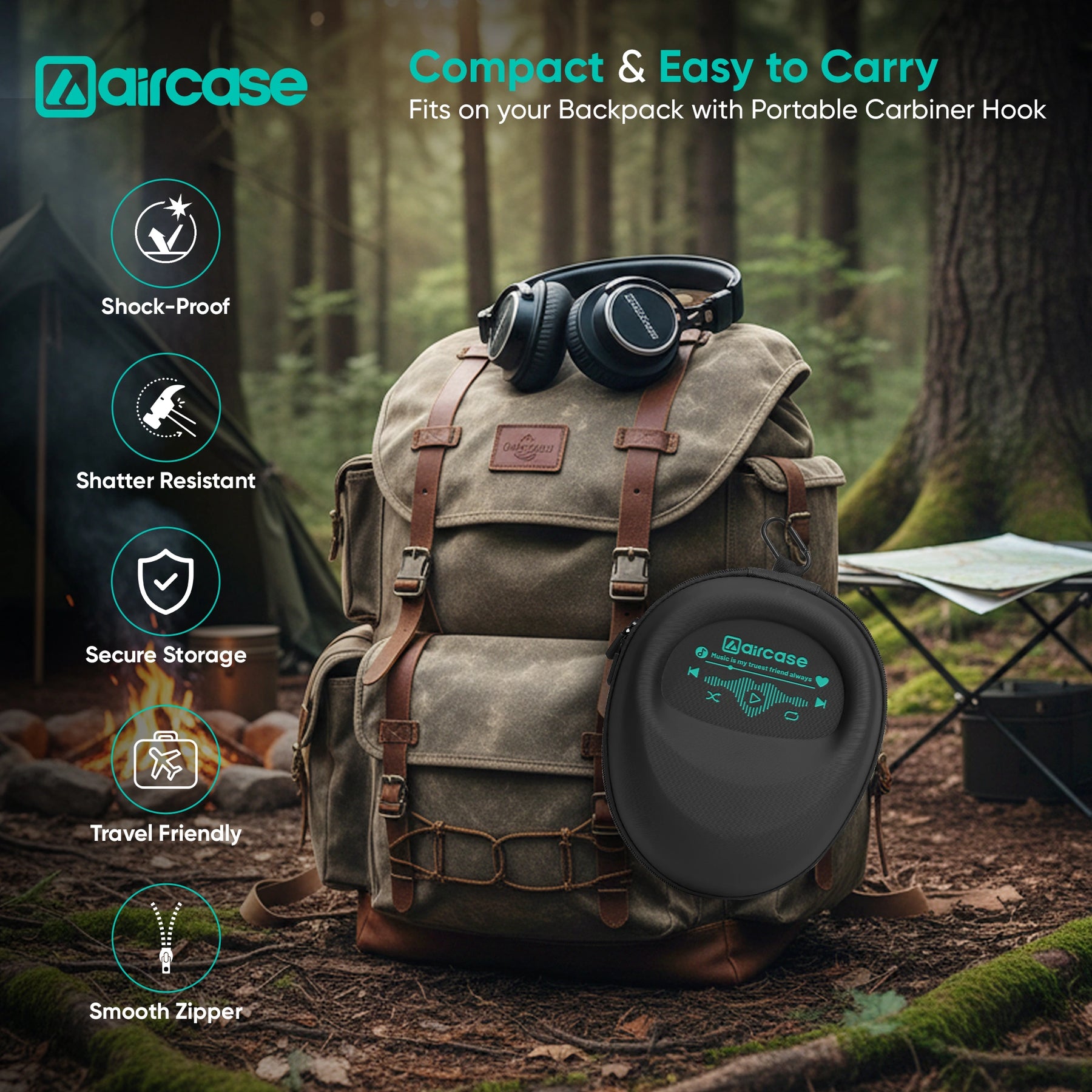 AirCase EVA Hard Shell Headphone Carrying Case for Over-Ear Headphones | Shockproof, Water-Repellent, Anti-Pressure Travel Protective Pouch with Carabiner Hook – Universal Fit