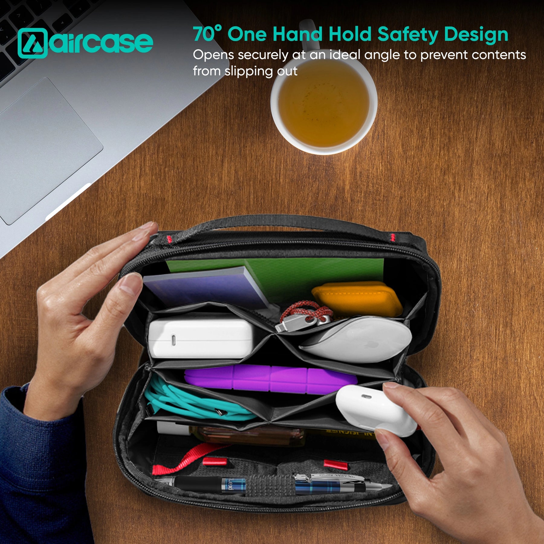 AirCase Multipurpose Toiletry Kit, Travel Organizer with Multiple Compartments, Mesh Pockets, Dual Handle, Zipper Closure & Water-Resistant Nylon Pouch for Makeup, Shaving, Gadgets, & Accessories