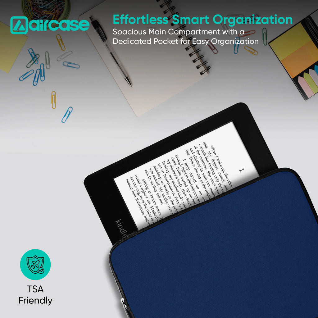 AirCase 7-inch neoprene tablet sleeve in navy blue with 4-layer foam, scratch and dust protection for Kindle and tablets