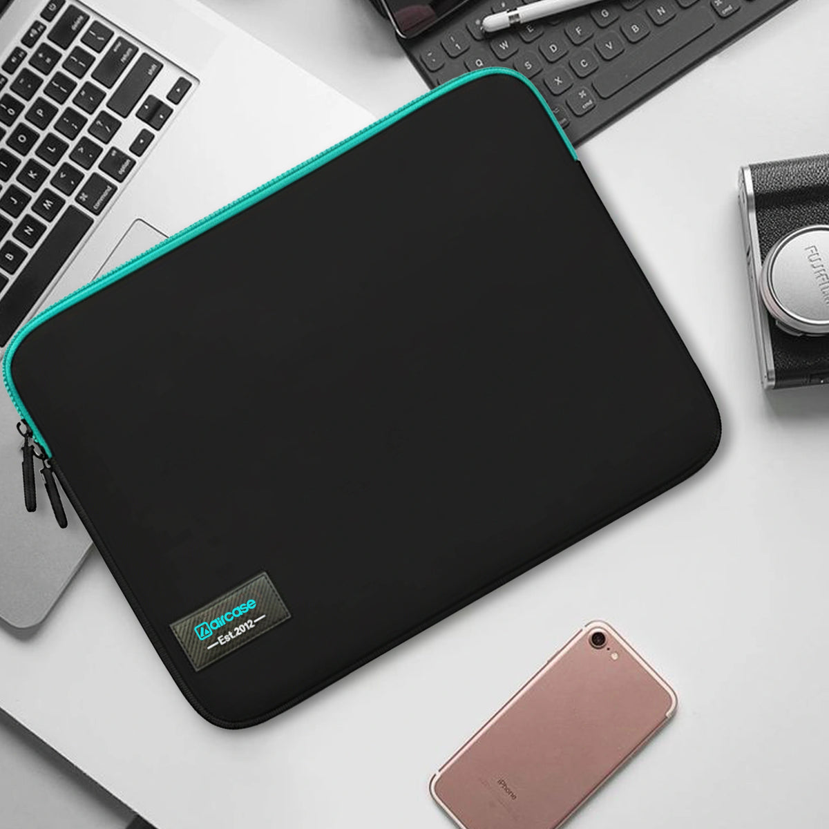 AirCase neoprene laptop sleeve in black-green with water-resistant, shockproof, scratch-proof slim design