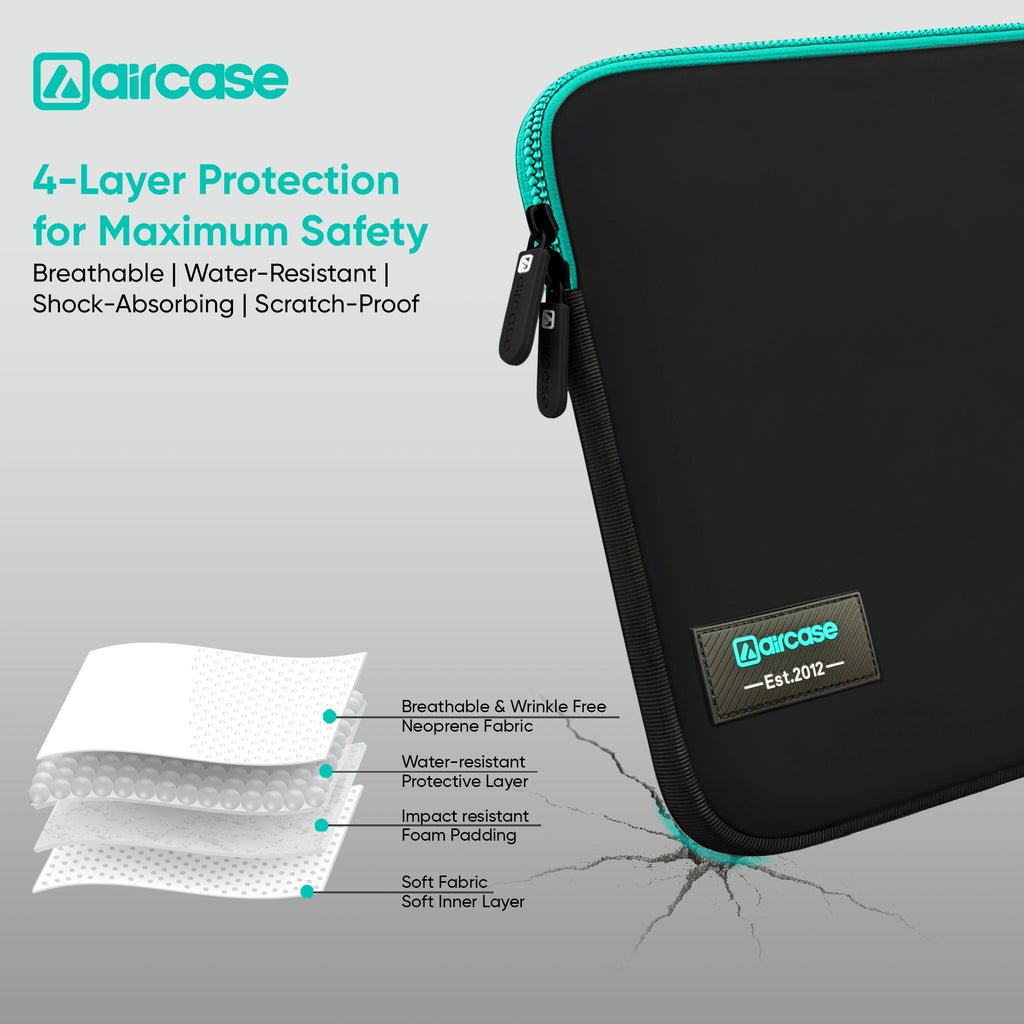 AirCase neoprene laptop sleeve in black-green with water-resistant, shockproof, scratch-proof slim design