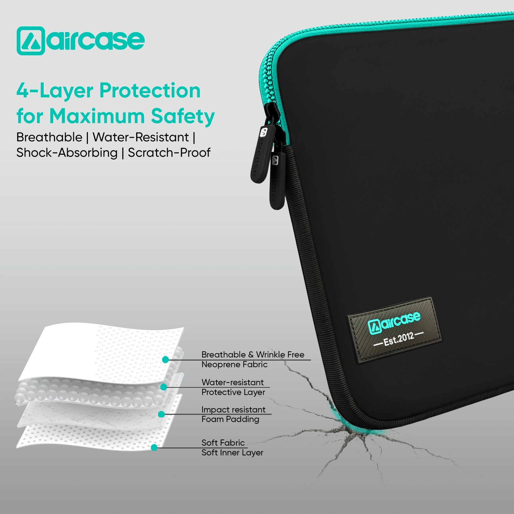 AirCase neoprene laptop sleeve in black-green with water-resistant, shockproof, scratch-proof slim design