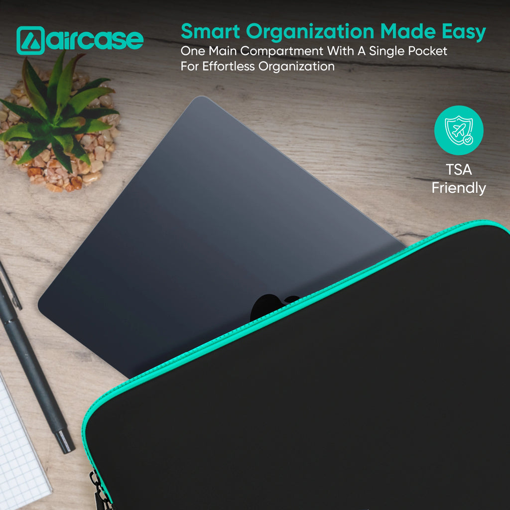 AirCase neoprene laptop sleeve in black-green with water-resistant, shockproof, scratch-proof slim design