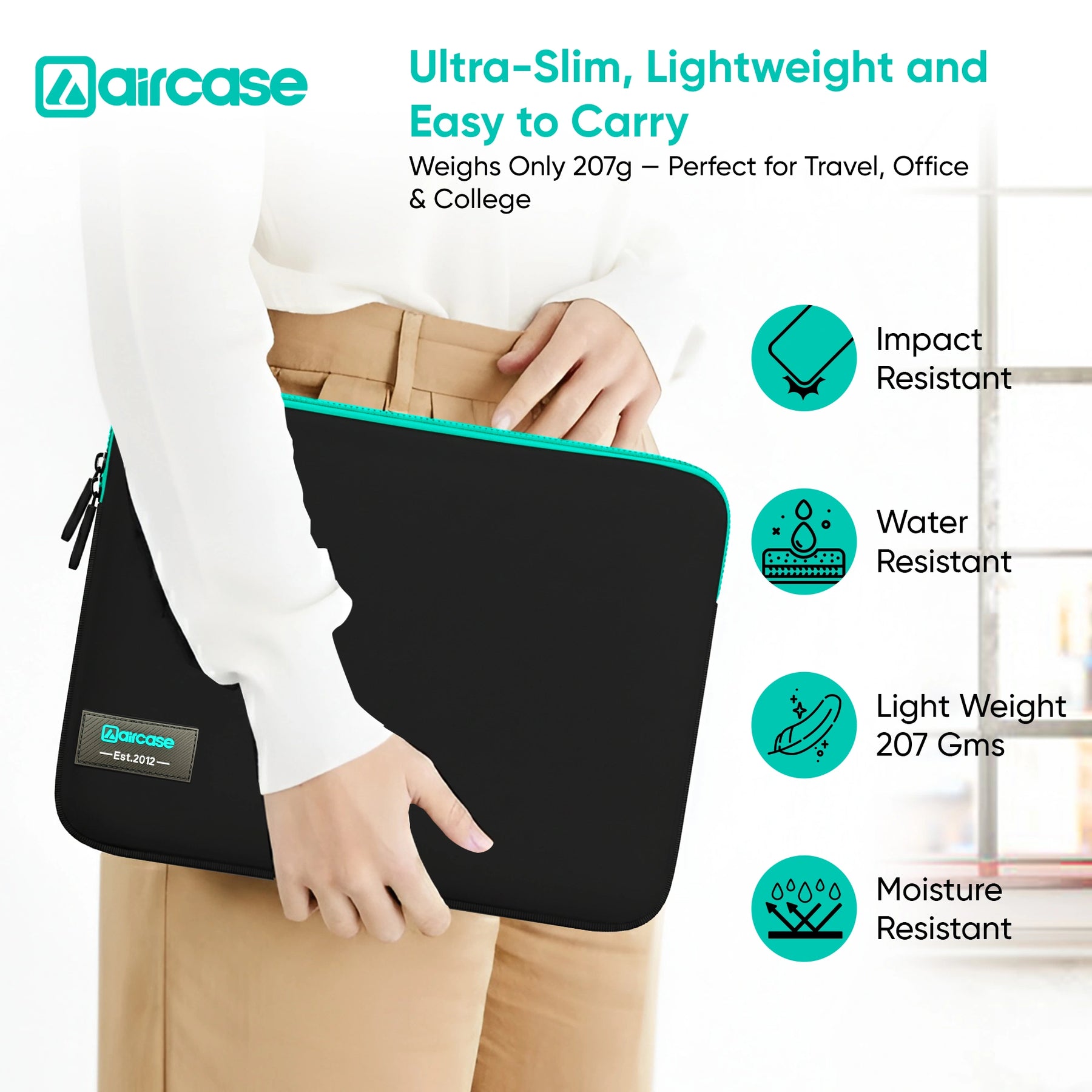 AirCase neoprene laptop sleeve in black-green with water-resistant, shockproof, scratch-proof slim design