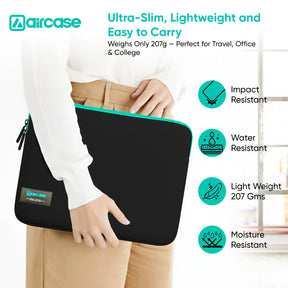 AirCase neoprene laptop sleeve in black-green with water-resistant, shockproof, scratch-proof slim design