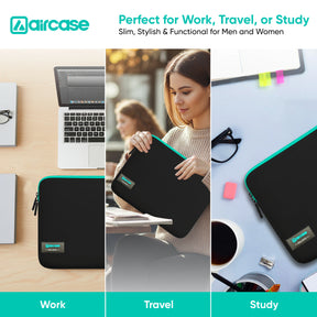 AirCase neoprene laptop sleeve in black-green with water-resistant, shockproof, scratch-proof slim design