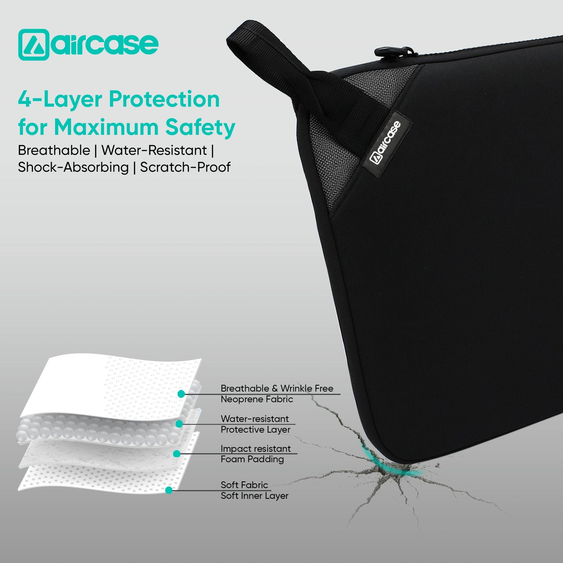 AirCase 15.6-inch black neoprene laptop sleeve with top handle, padded lightweight water-resistant design