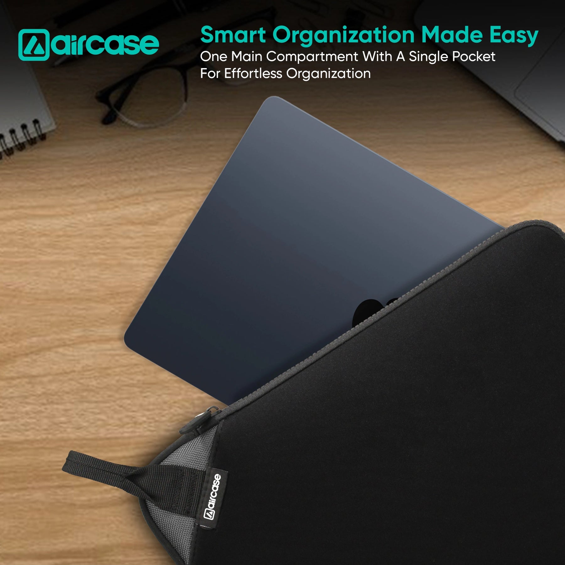 AirCase 15.6-inch black neoprene laptop sleeve with top handle, padded lightweight water-resistant design