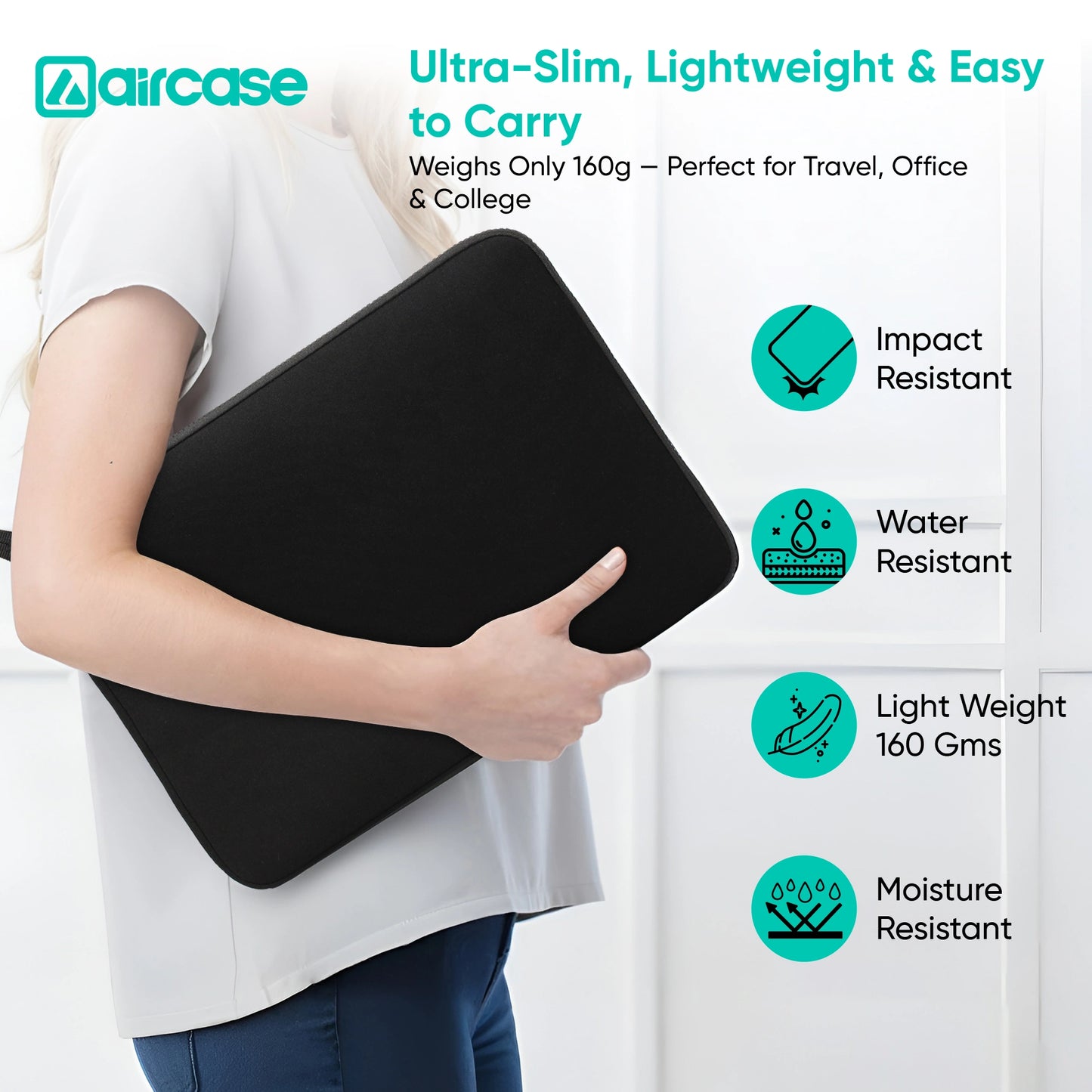 AirCase 14.1-inch neoprene laptop sleeve with top handle, padded lightweight water-resistant design