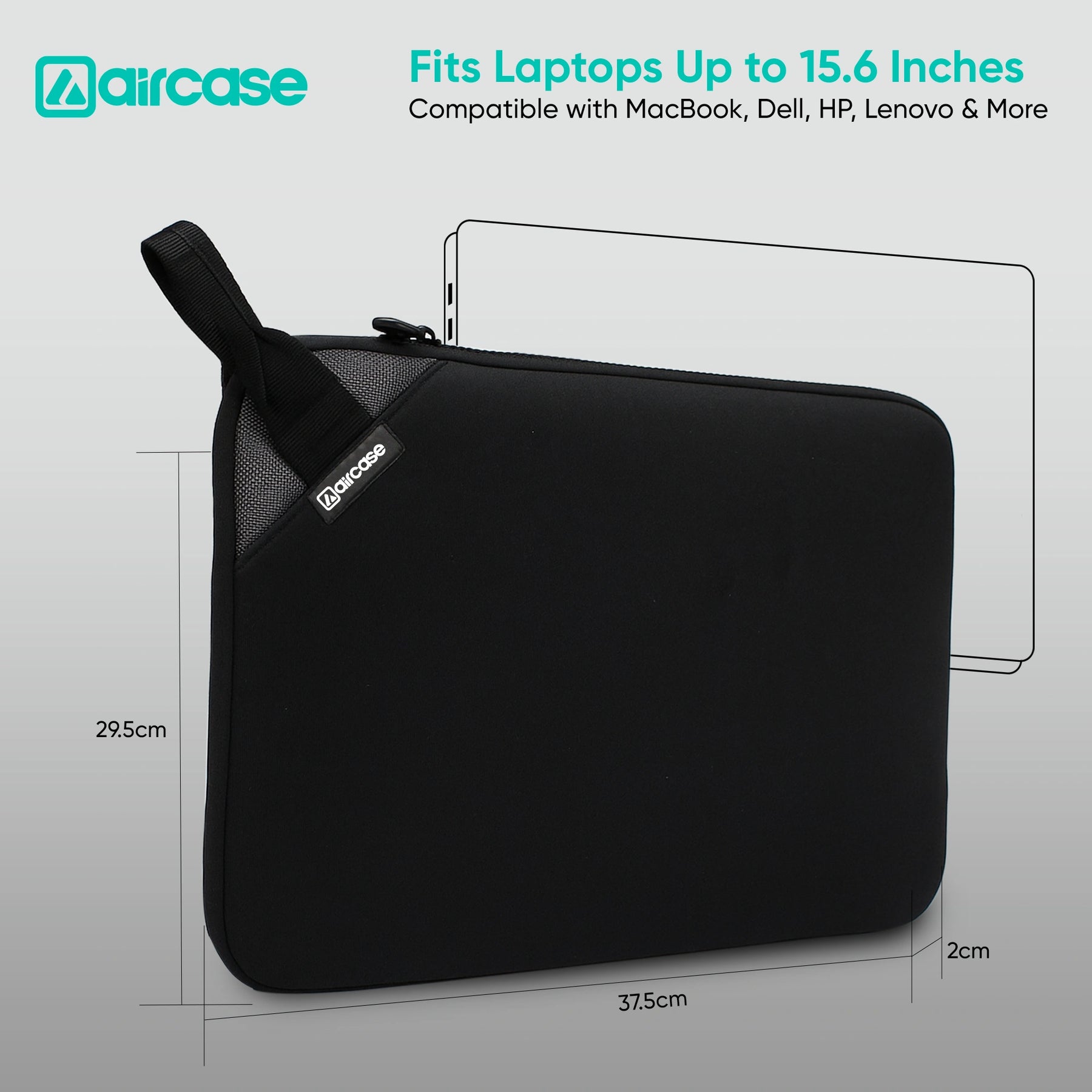AirCase 15.6-inch black neoprene laptop sleeve with top handle, padded lightweight water-resistant design