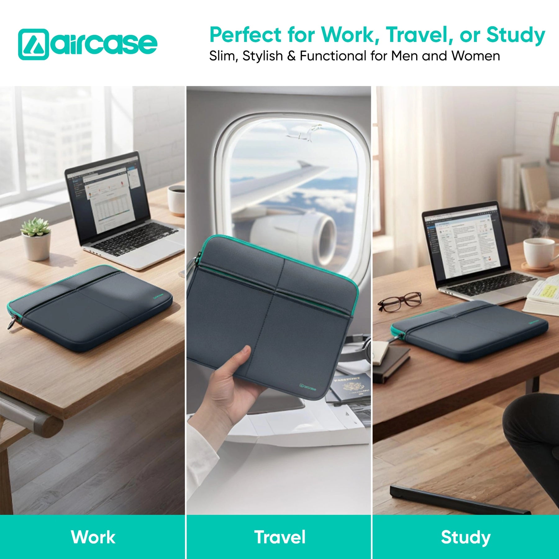 AirCase 15.6-inch grey neoprene laptop bag with 6 pockets, padded waterproof wrinkle-free design