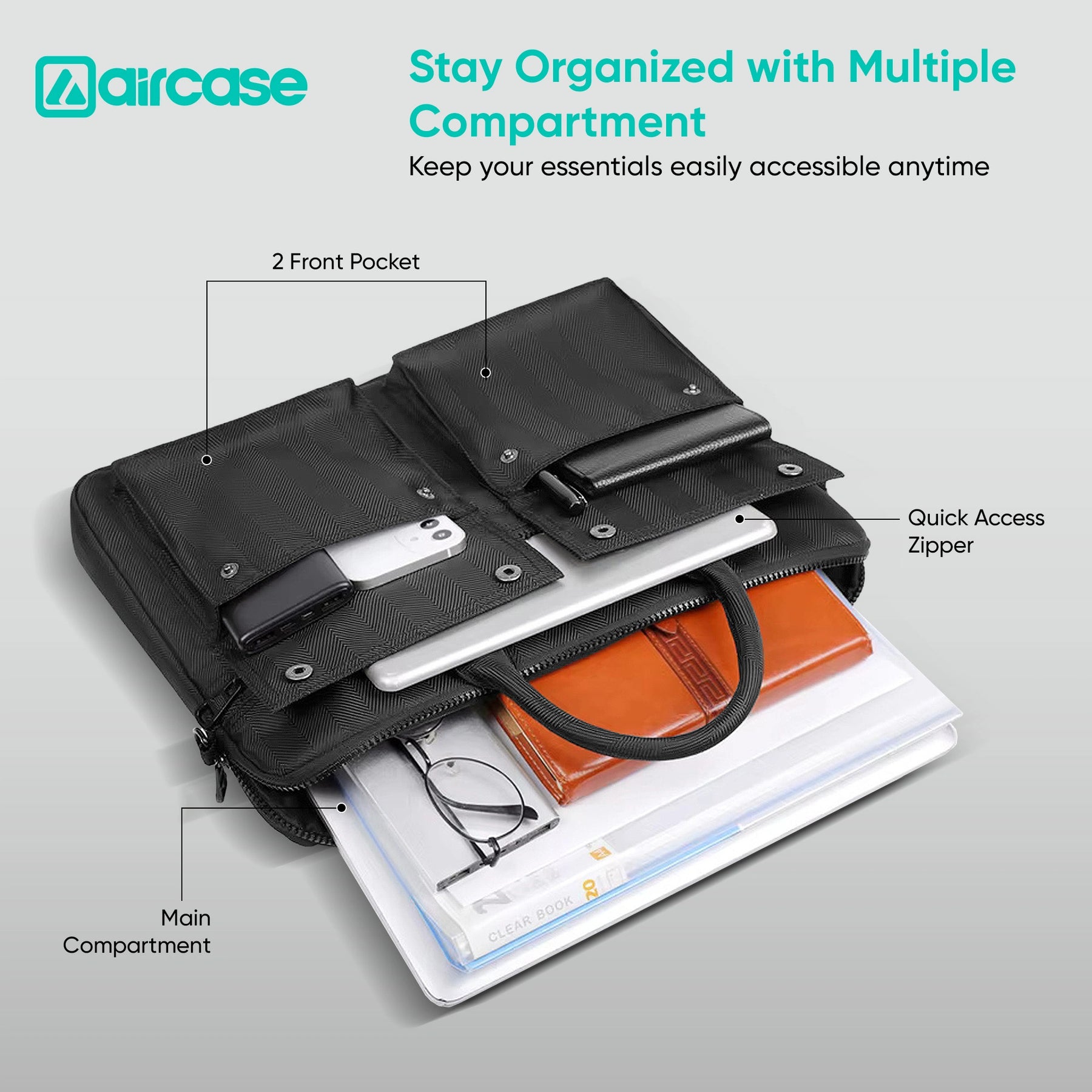 AirCase professional laptop messenger bag with padded compartments, YKK zippers, trolley belt, and travel-friendly office design