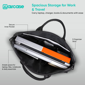 AirCase professional laptop messenger bag with padded compartments, YKK zippers, trolley belt, and travel-friendly office design