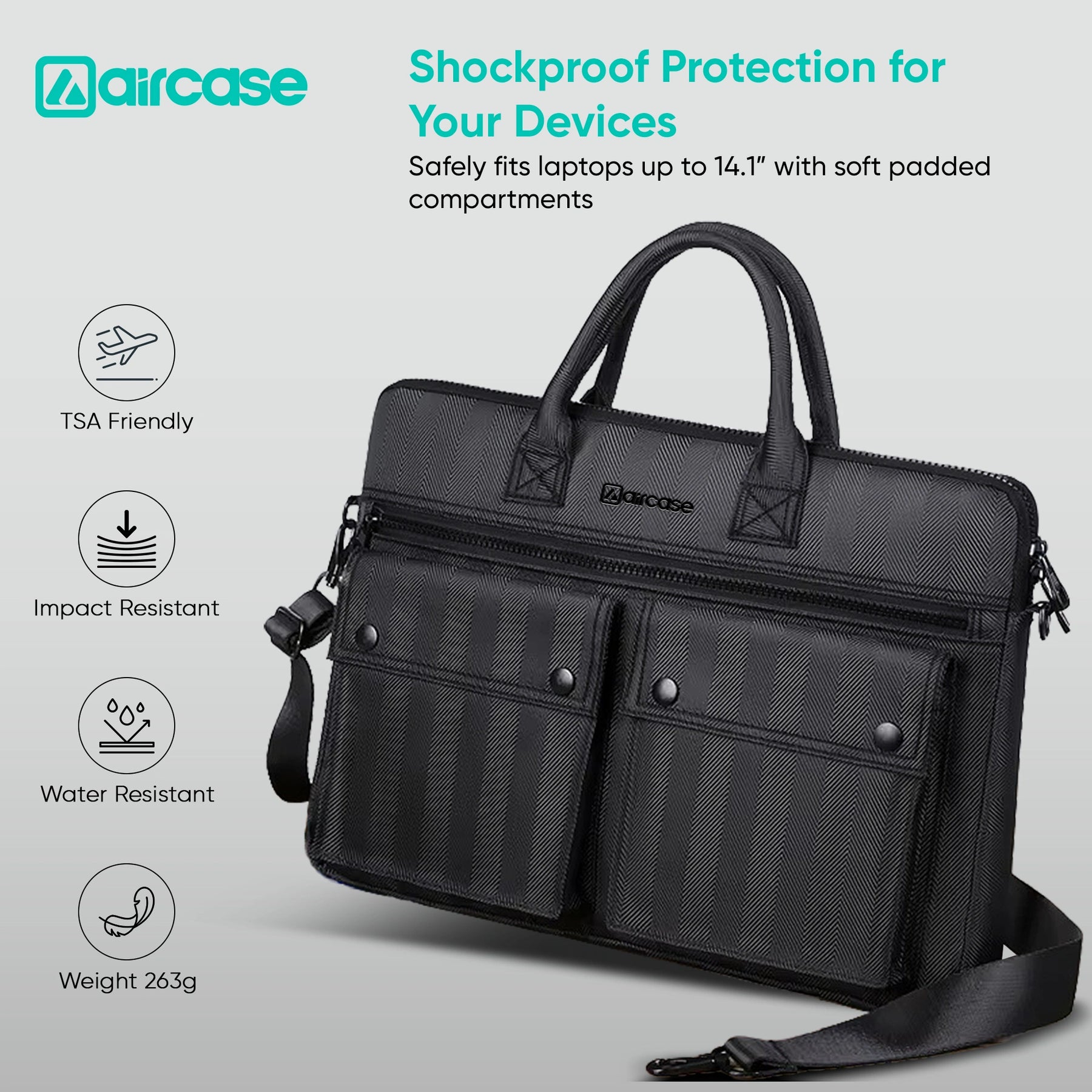 AirCase professional laptop messenger bag with padded compartments, YKK zippers, trolley belt, and travel-friendly office design