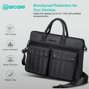 AirCase professional laptop messenger bag with padded compartments, YKK zippers, trolley belt, and travel-friendly office design