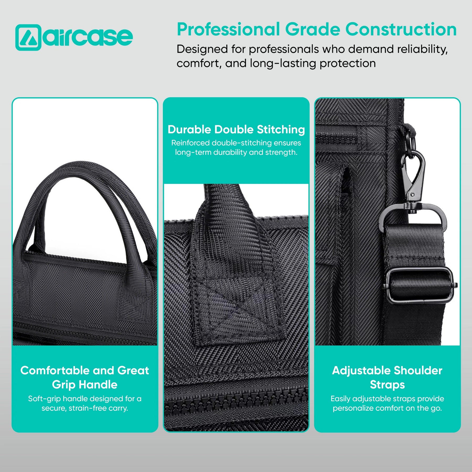 AirCase professional laptop messenger bag with padded compartments, YKK zippers, trolley belt, and travel-friendly office design