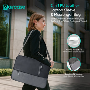 AirCase 13.3-inch laptop sleeve with shockproof foam, water-resistant PU leather, front pocket, luggage belt, and premium zipper