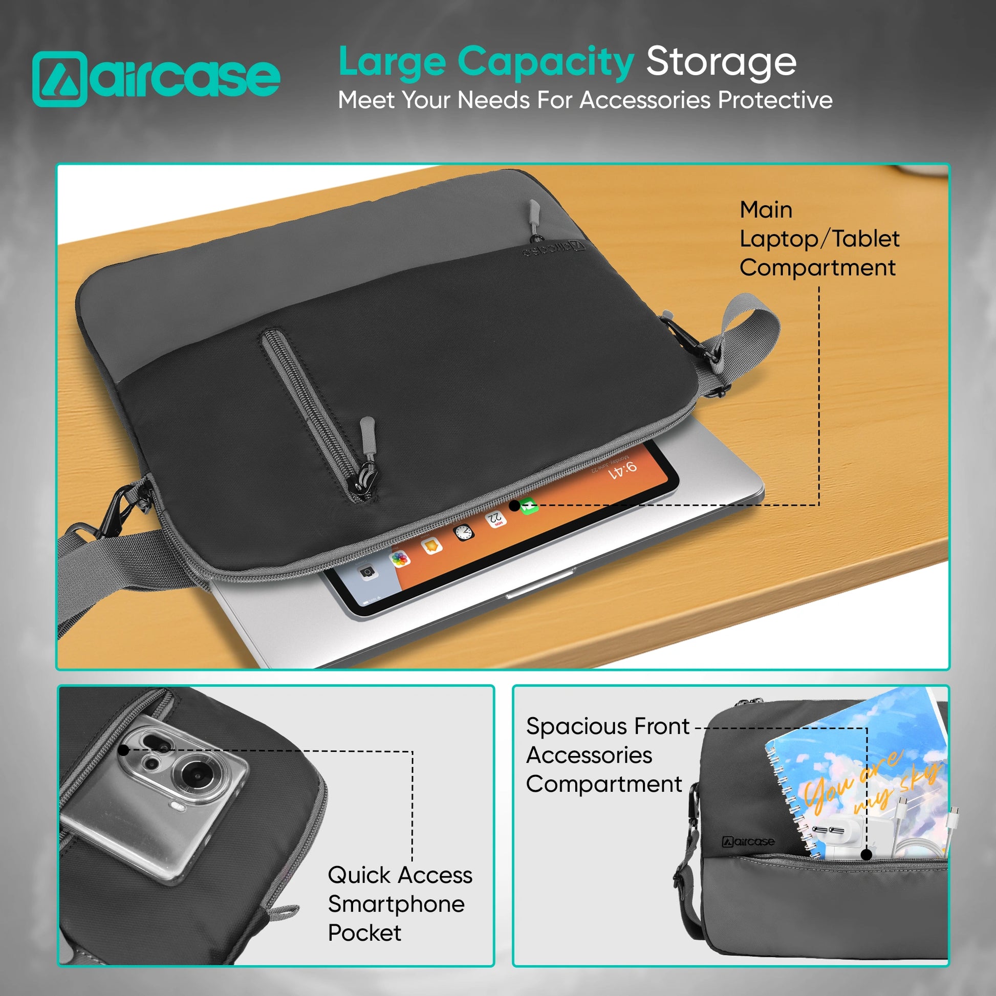 AirCase 13.3-inch laptop sleeve with shockproof foam, water-resistant PU leather, front pocket, luggage belt, and premium zipper