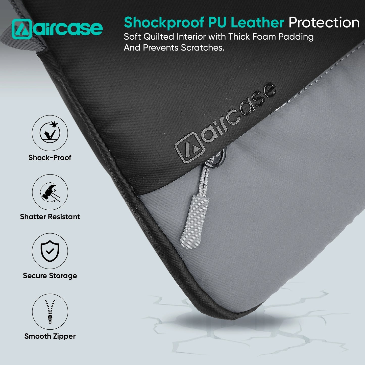 AirCase 13.3-inch laptop sleeve with shockproof foam, water-resistant PU leather, front pocket, luggage belt, and premium zipper