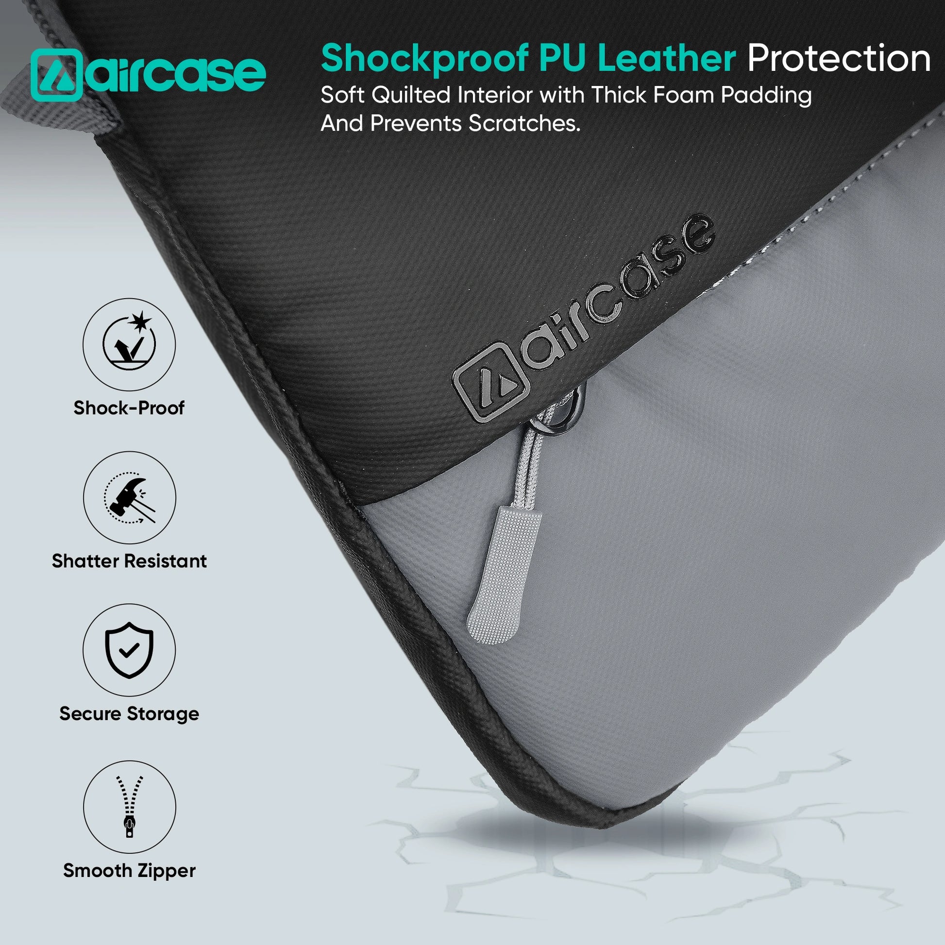 AirCase 13.3-inch laptop sleeve with shockproof foam, water-resistant PU leather, front pocket, luggage belt, and premium zipper