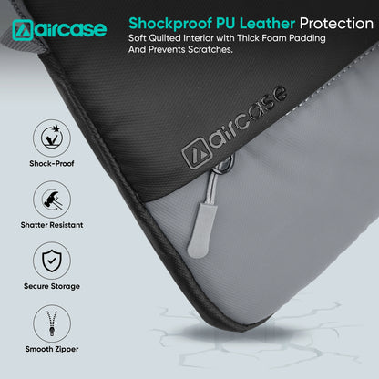 AirCase 13.3-inch laptop sleeve with shockproof foam, water-resistant PU leather, front pocket, luggage belt, and premium zipper
