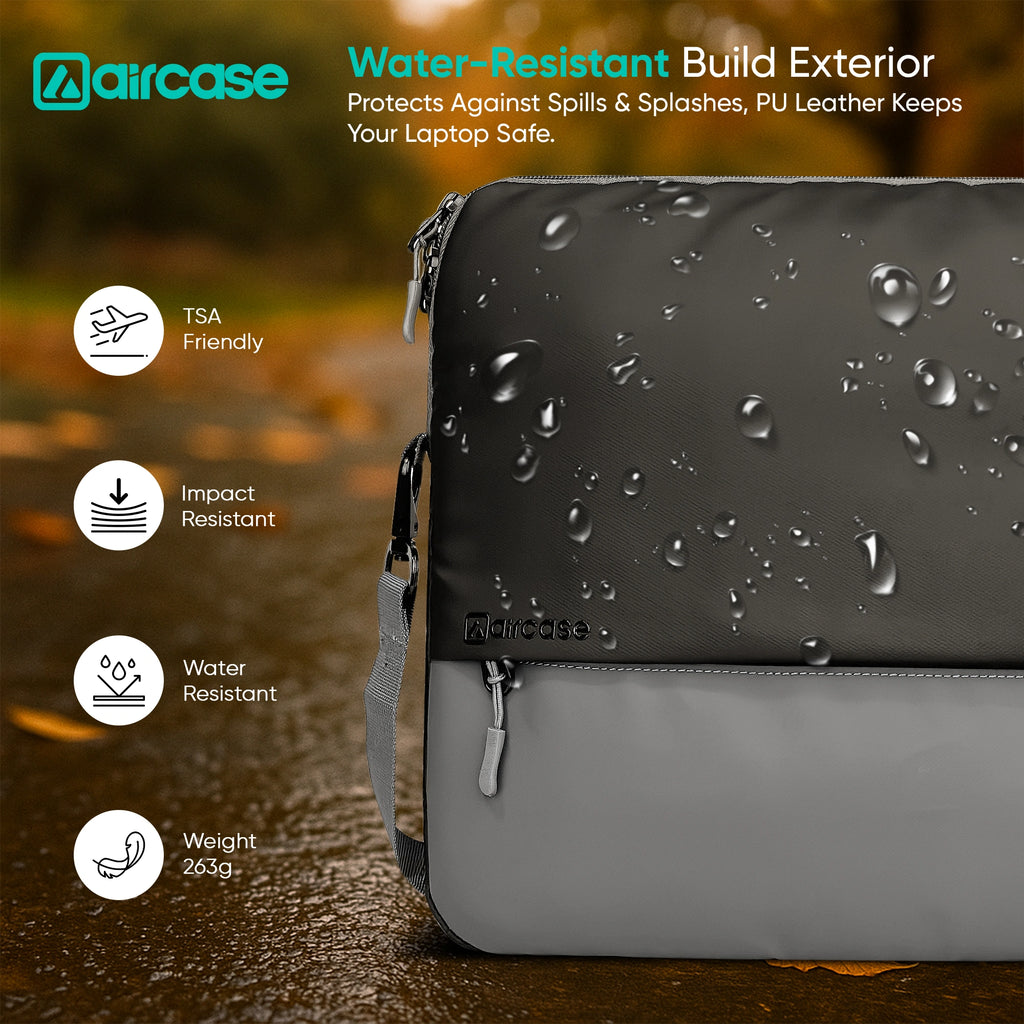 AirCase 13.3-inch laptop sleeve with shockproof foam, water-resistant PU leather, front pocket, luggage belt, and premium zipper
