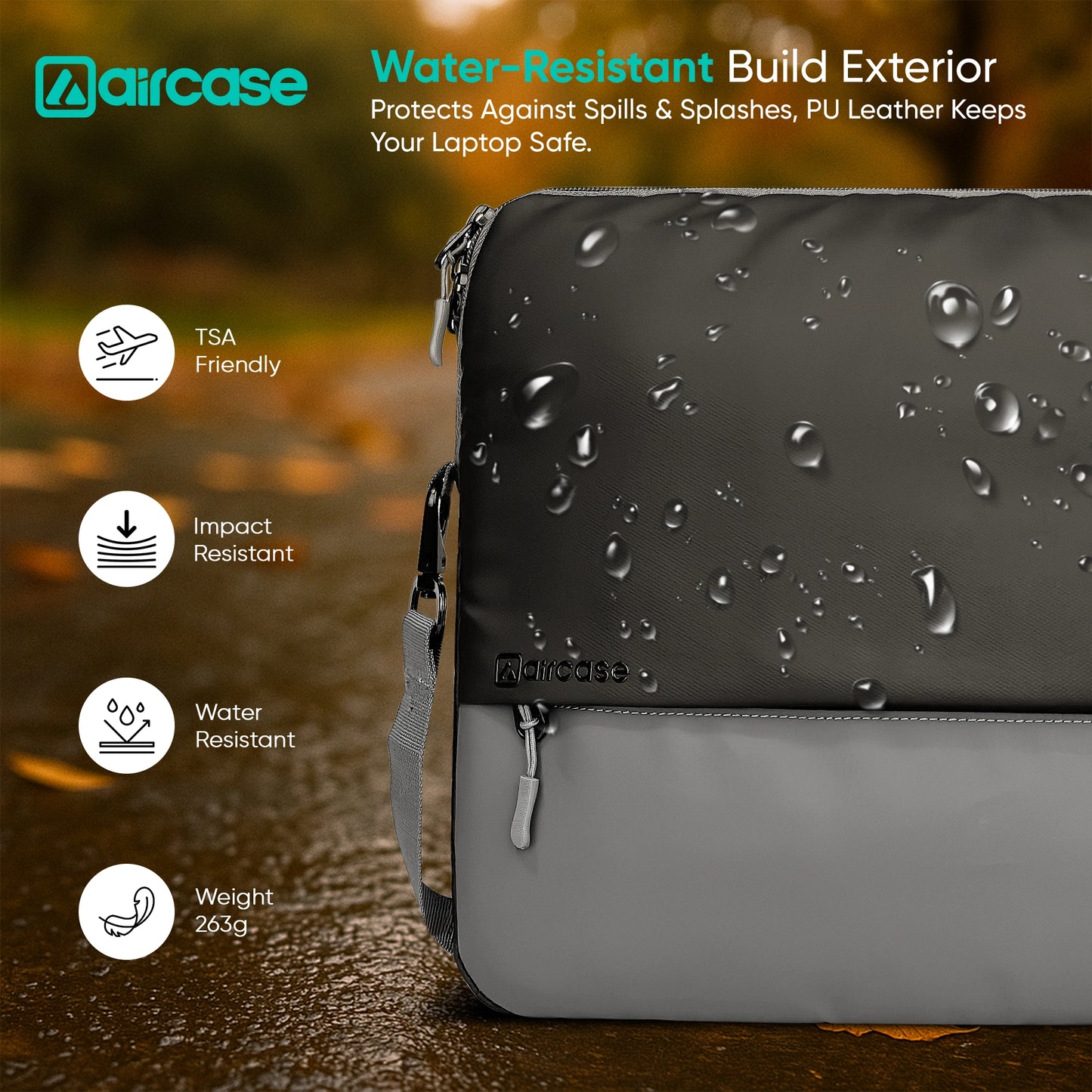 AirCase 13.3-inch laptop sleeve with shockproof foam, water-resistant PU leather, front pocket, luggage belt, and premium zipper