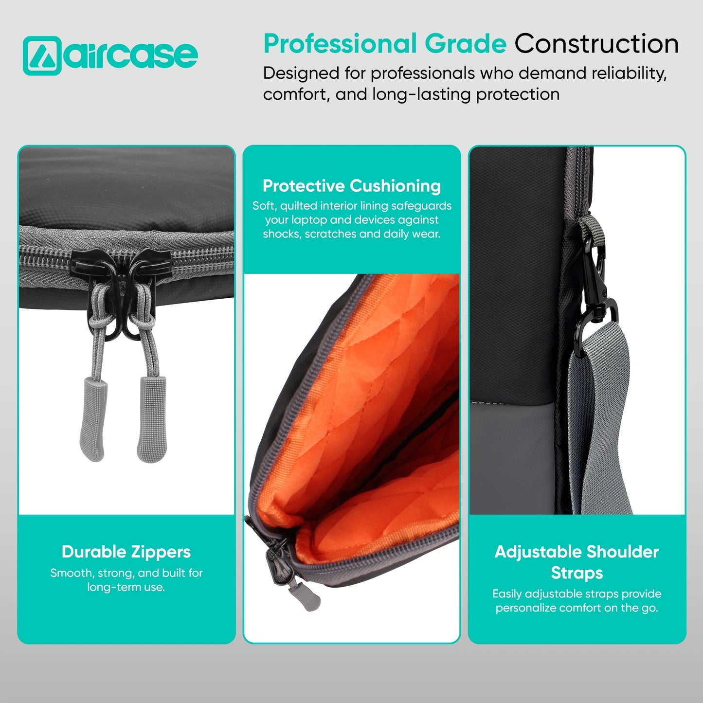 AirCase 13.3-inch laptop sleeve with shockproof foam, water-resistant PU leather, front pocket, luggage belt, and premium zipper