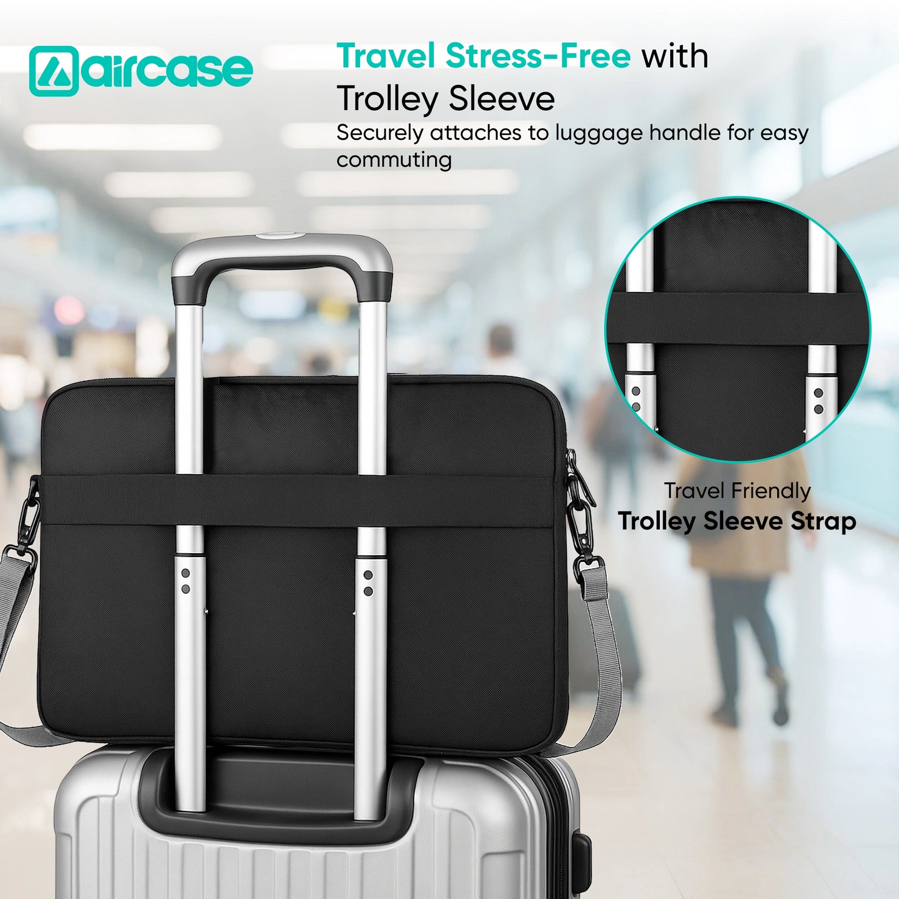 AirCase 13.3-inch laptop sleeve with shockproof foam, water-resistant PU leather, front pocket, luggage belt, and premium zipper