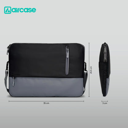 AirCase 13.3-inch laptop sleeve with shockproof foam, water-resistant PU leather, front pocket, luggage belt, and premium zipper