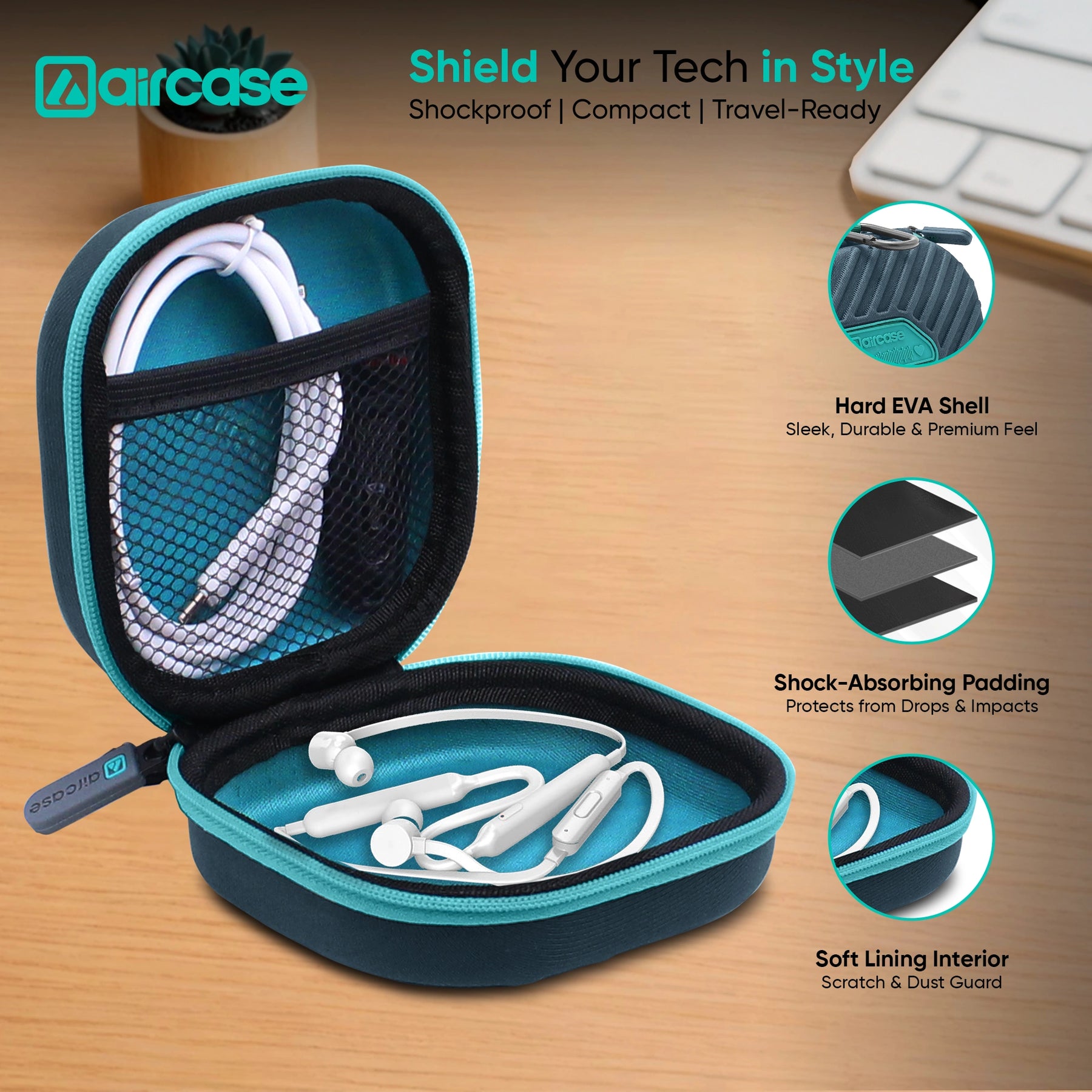 AirCase Earphone Carrying Case Cover with Shockproof EVA Hardshell & Soft Lining | Travel Organizer Pouch with Carabiner, Mesh Pocket, Zipper Closure for Earbuds, USB Drives, SD Cards, Cables