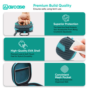AirCase Earphone Carrying Case Cover with Shockproof EVA Hardshell & Soft Lining | Travel Organizer Pouch with Carabiner, Mesh Pocket, Zipper Closure for Earbuds, USB Drives, SD Cards, Cables