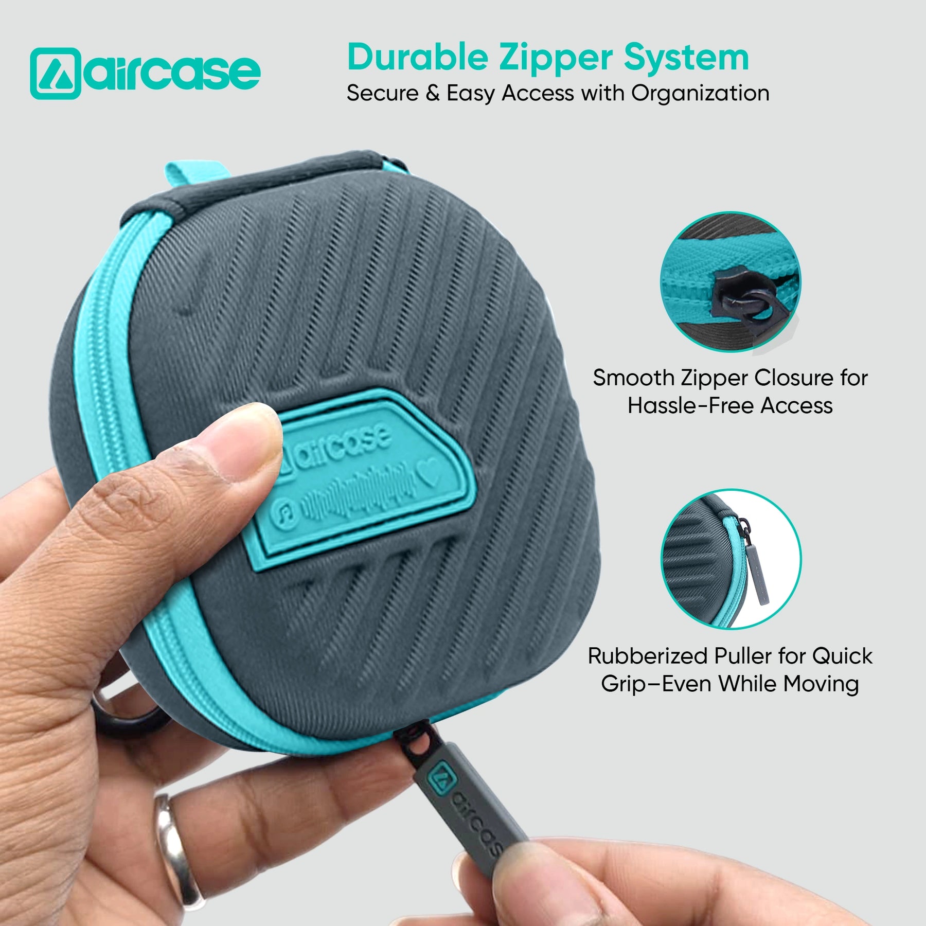 AirCase Earphone Carrying Case Cover with Shockproof EVA Hardshell & Soft Lining | Travel Organizer Pouch with Carabiner, Mesh Pocket, Zipper Closure for Earbuds, USB Drives, SD Cards, Cables