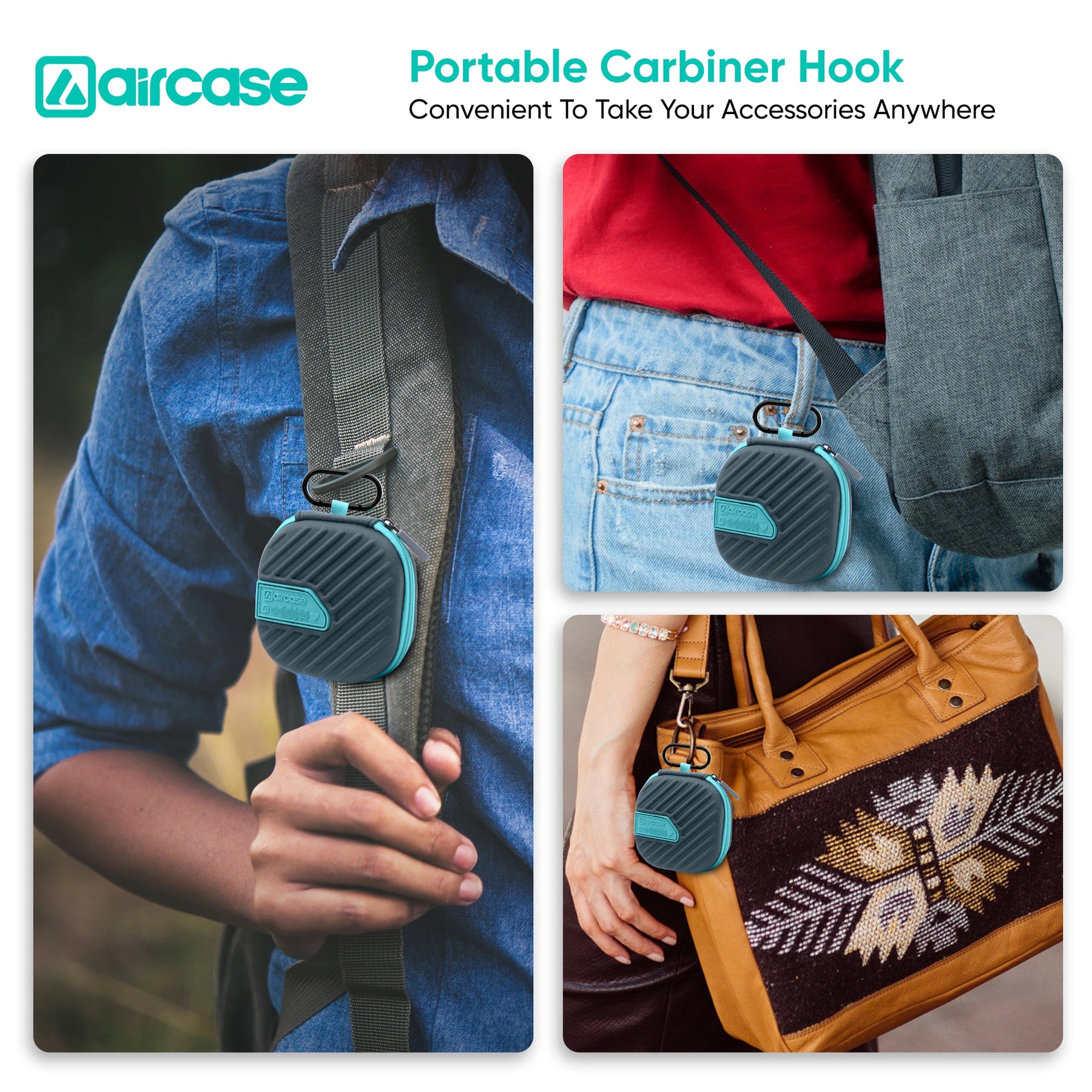 AirCase Earphone Carrying Case Cover with Shockproof EVA Hardshell & Soft Lining | Travel Organizer Pouch with Carabiner, Mesh Pocket, Zipper Closure for Earbuds, USB Drives, SD Cards, Cables