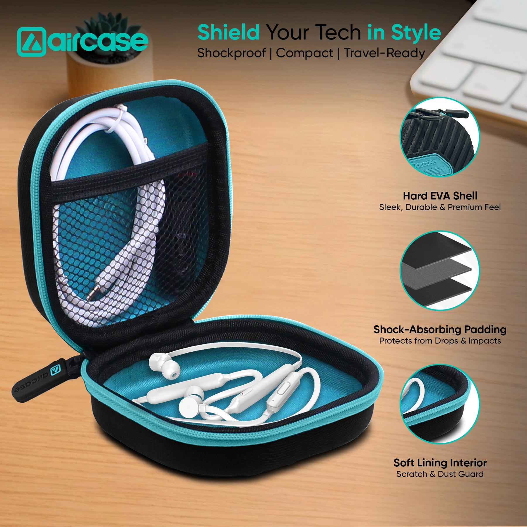AirCase Earphone Carrying Case Cover with Shockproof EVA Hardshell & Soft Lining| Travel Organizer Pouch with Carabiner, Mesh Pocket, Zipper Closure for Earbuds, USB Drives, SD Cards, Cables