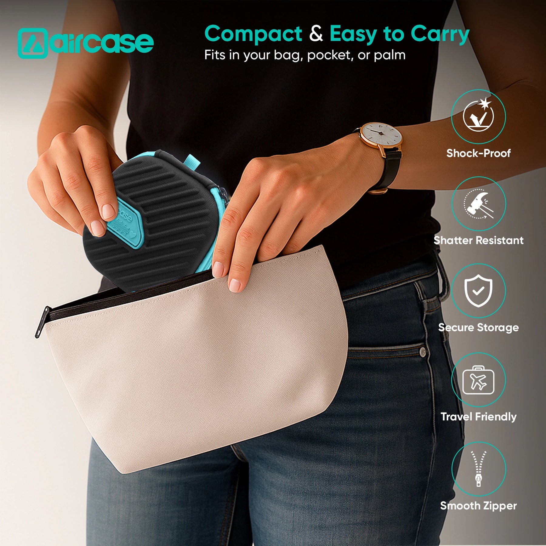 AirCase Earphone Carrying Case Cover with Shockproof EVA Hardshell & Soft Lining| Travel Organizer Pouch with Carabiner, Mesh Pocket, Zipper Closure for Earbuds, USB Drives, SD Cards, Cables