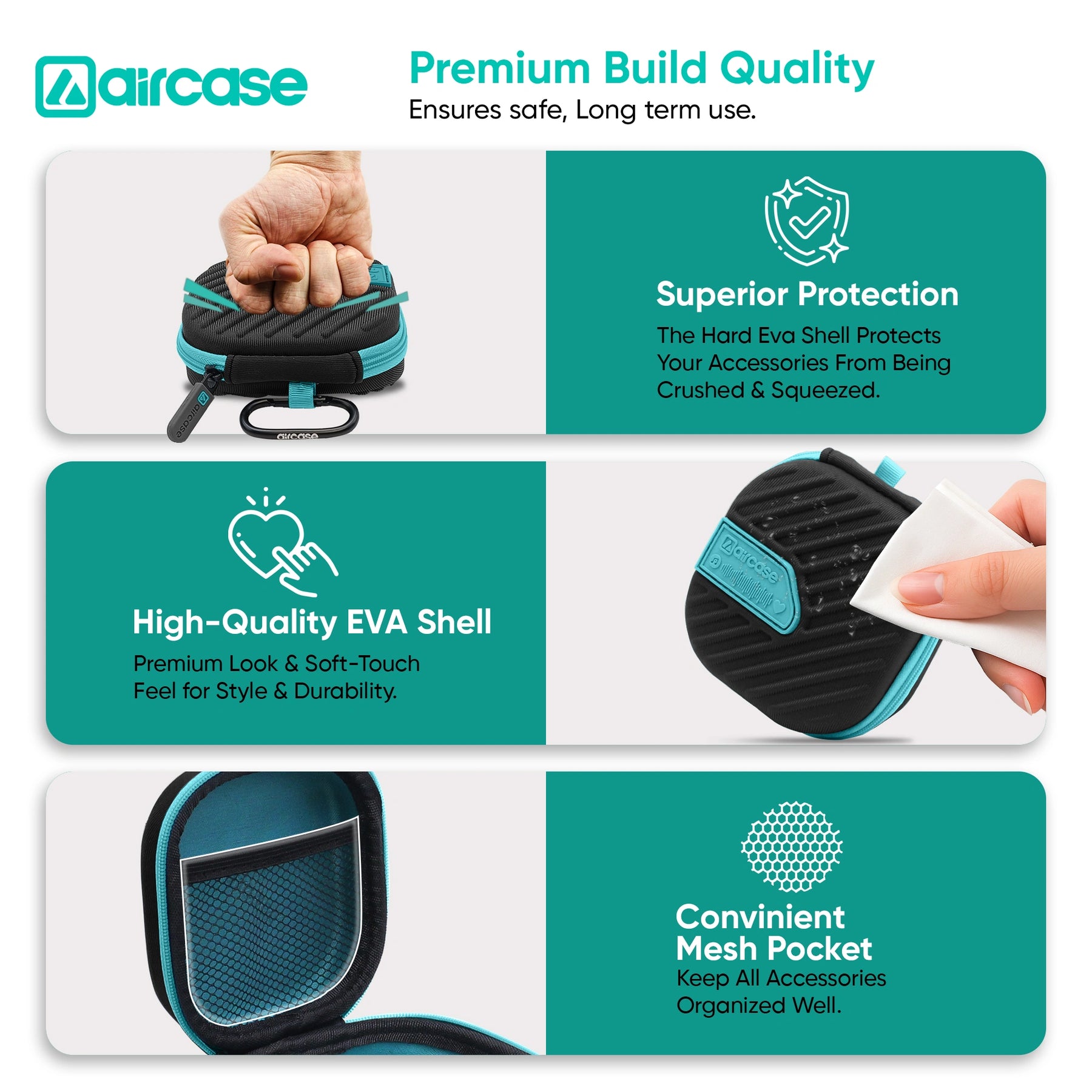AirCase Earphone Carrying Case Cover with Shockproof EVA Hardshell & Soft Lining| Travel Organizer Pouch with Carabiner, Mesh Pocket, Zipper Closure for Earbuds, USB Drives, SD Cards, Cables
