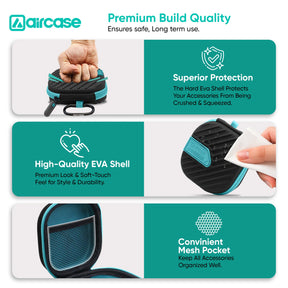 AirCase Earphone Carrying Case Cover with Shockproof EVA Hardshell & Soft Lining| Travel Organizer Pouch with Carabiner, Mesh Pocket, Zipper Closure for Earbuds, USB Drives, SD Cards, Cables