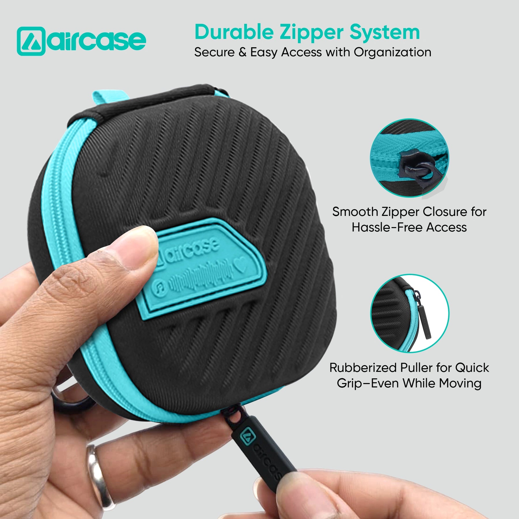 AirCase Earphone Carrying Case Cover with Shockproof EVA Hardshell & Soft Lining| Travel Organizer Pouch with Carabiner, Mesh Pocket, Zipper Closure for Earbuds, USB Drives, SD Cards, Cables