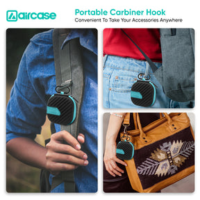 AirCase Earphone Carrying Case Cover with Shockproof EVA Hardshell & Soft Lining| Travel Organizer Pouch with Carabiner, Mesh Pocket, Zipper Closure for Earbuds, USB Drives, SD Cards, Cables