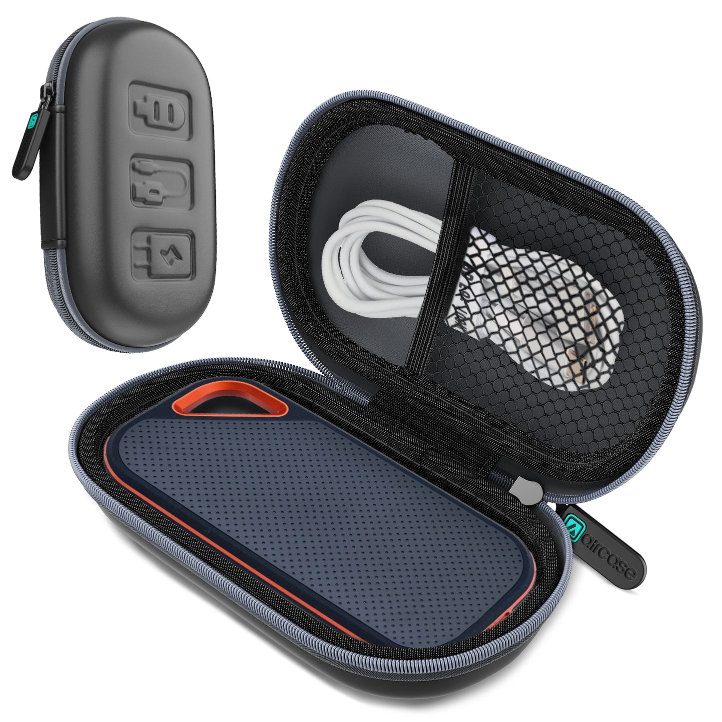 Protect SanDisk SSDs, cables, flash drives with AirCase SSD case pouch. Shockproof EVA shell, soft lining, mesh pocket + elastic loop, crush-resistant—perfect travel organizer.